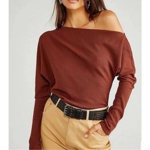 House of Harlow 1960 Thermal Waffle Knit Off Shoulder Top Asymmetrical Neck Sz S